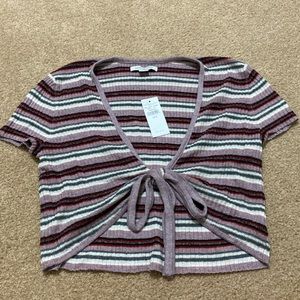 American Eagle Women’s Tie-Front Striped Knit Cropped Tee, SIZE SMALL